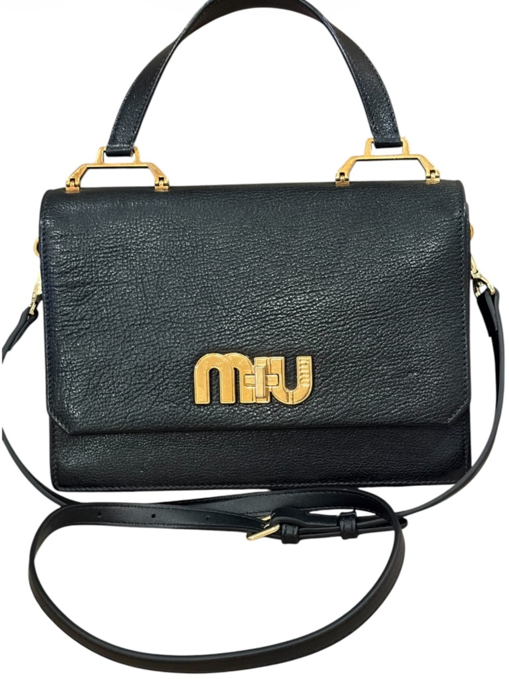 Miu Miu Black Pebbled Leather Satchel with Gold Logo Unbranded strap